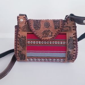 Handmade Leather Embossed Design Colourful Threading Details Brown Tan Purse